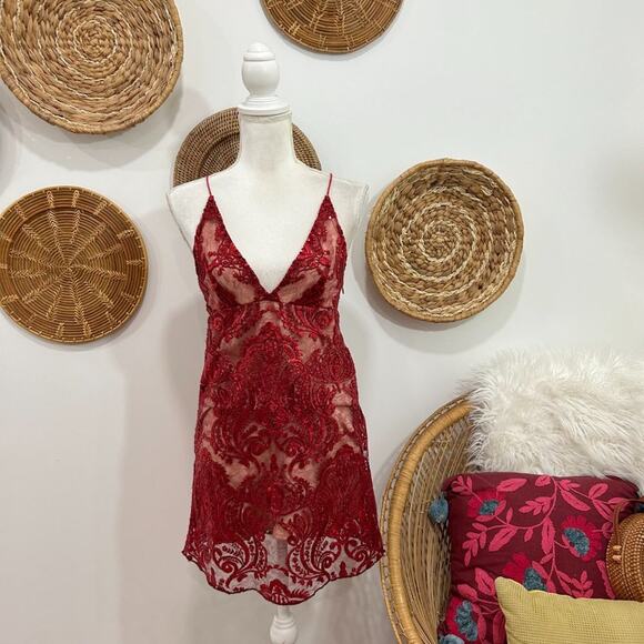 Free People Red Plunge V-Neck Lined Sequins Sleeveless Mini Dress 0 - Picture 1 of 7